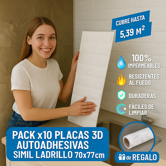 Revestimiento Decorativo 3D Simil Ladrillo – Pack 10 Placas Autoadhesivas + Vinilo de Regalo