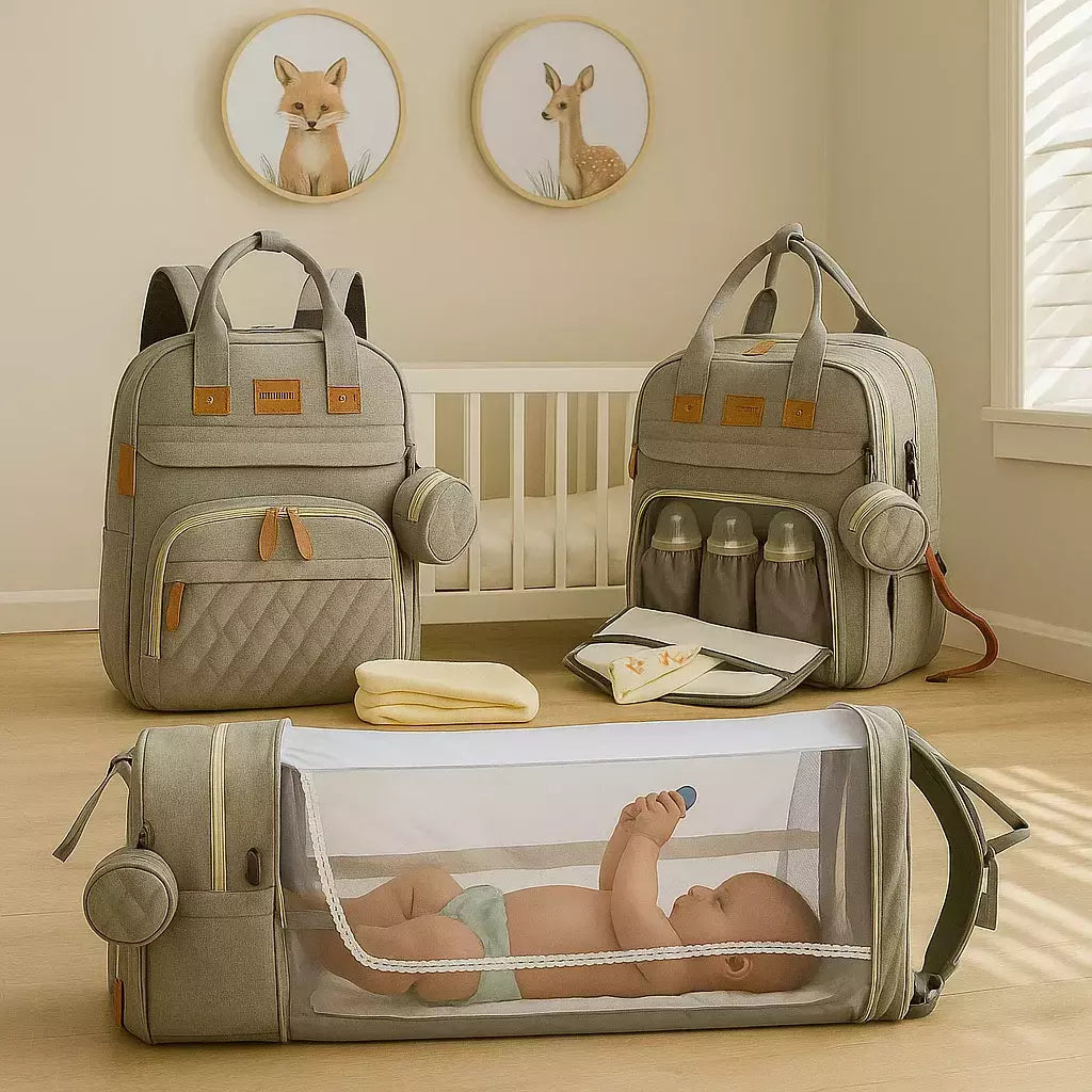 Mochila Maternal 3 en 1 Premium │ Cuna, Cambiador y Diseño Impermeable de Lujo