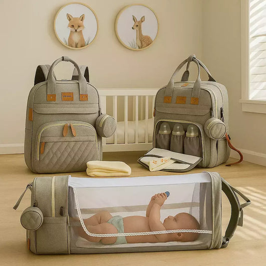 Mochila Maternal 3 en 1 Premium │ Cuna, Cambiador y Diseño Impermeable de Lujo